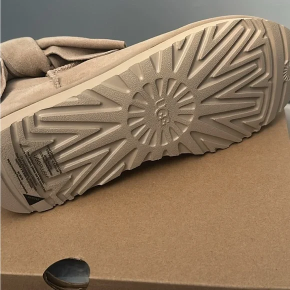 UGG Women's Beige classic mini Suede Bow Boots - Picture 3 of 5